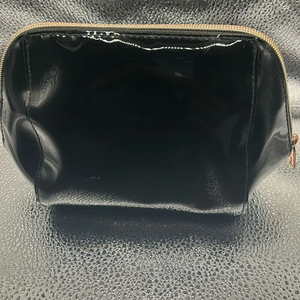 Ted Baker Bow Front Cosmetic Bag Black Patent Leather Rose Gold Hardware Travel